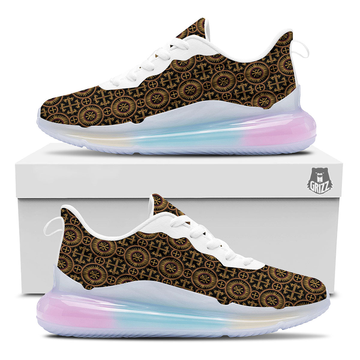 Orthodox Black And Gold Print Pattern Running Sneakers-grizzshop