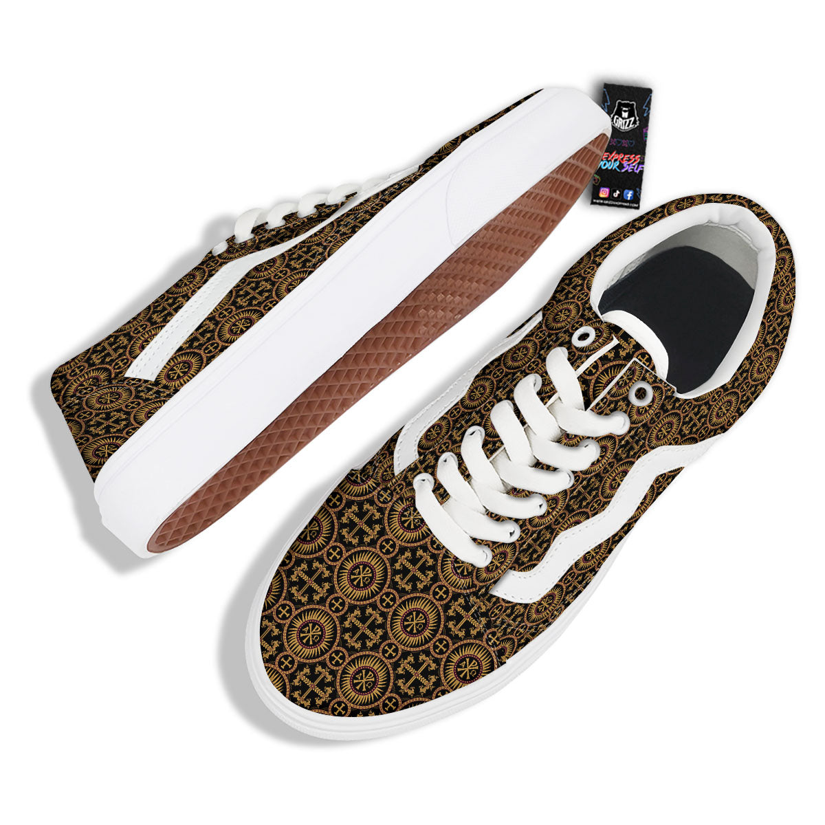 Orthodox Black And Gold Print Pattern Skate Shoes-grizzshop