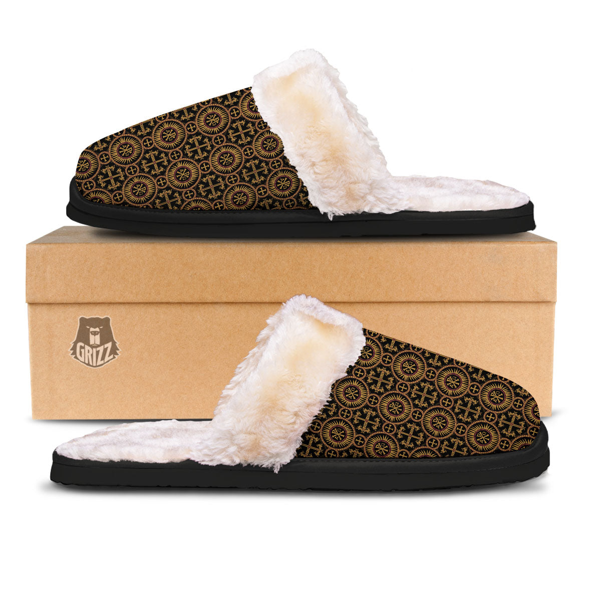 Orthodox Black And Gold Print Pattern Slippers-grizzshop