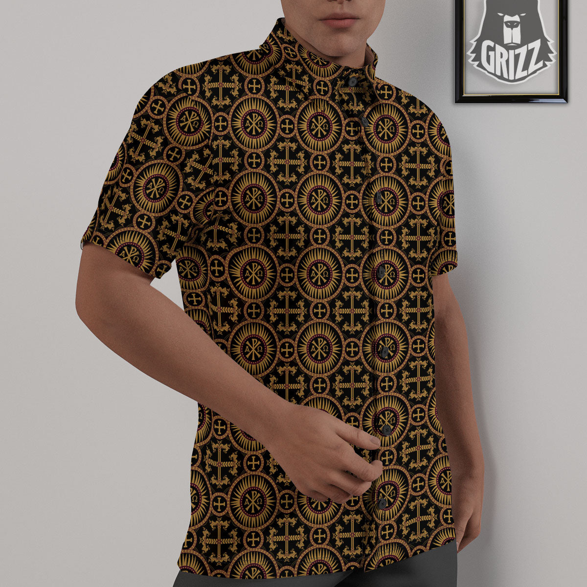 Orthodox Black And Gold Print Pattern Untucked Shirts-grizzshop