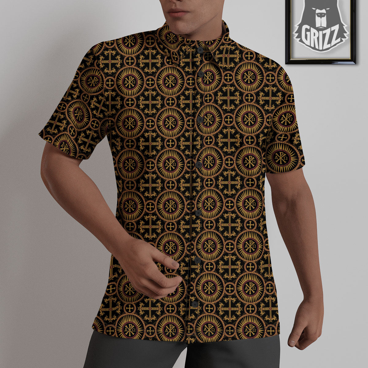 Orthodox Black And Gold Print Pattern Untucked Shirts-grizzshop