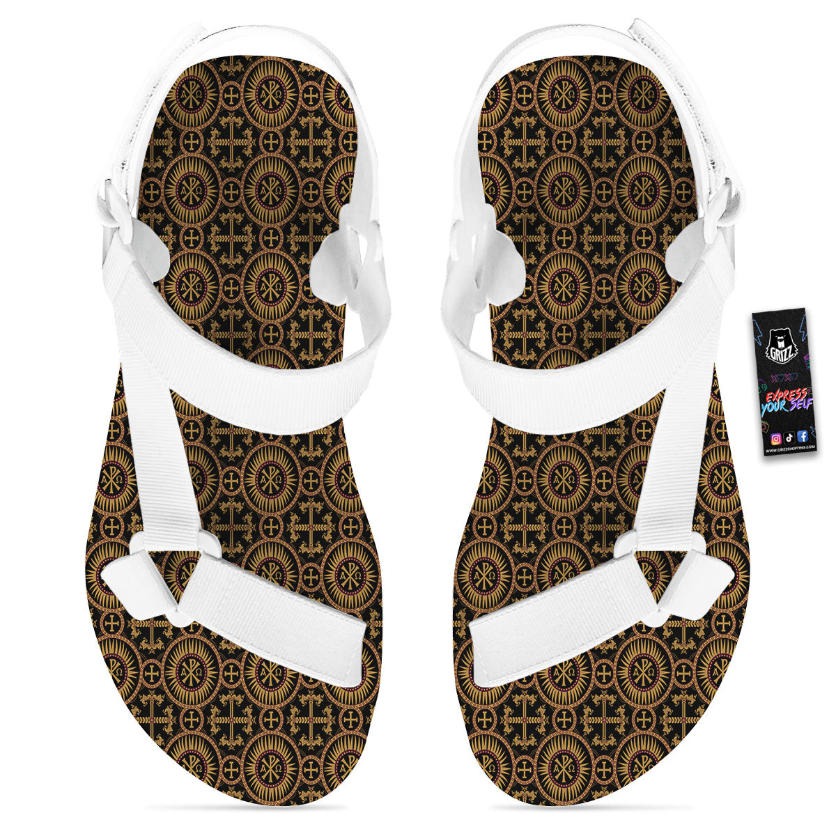 Orthodox Black And Gold Print Pattern White Open Toe Sandals-grizzshop