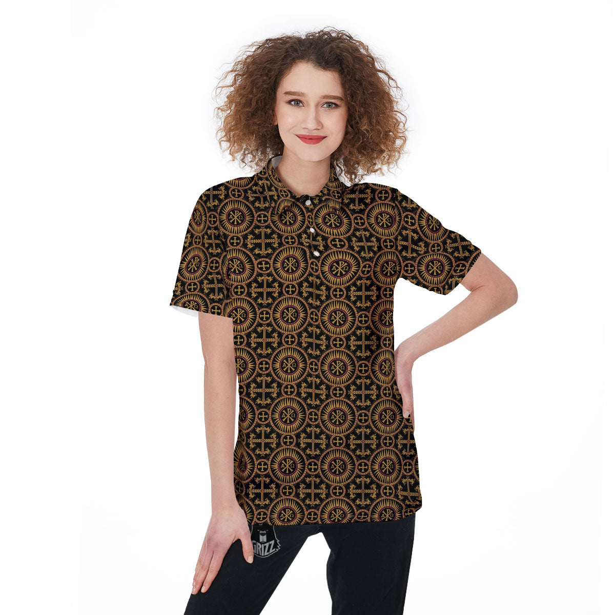 Orthodox Black And Gold Print Pattern Women's Golf Shirts-grizzshop