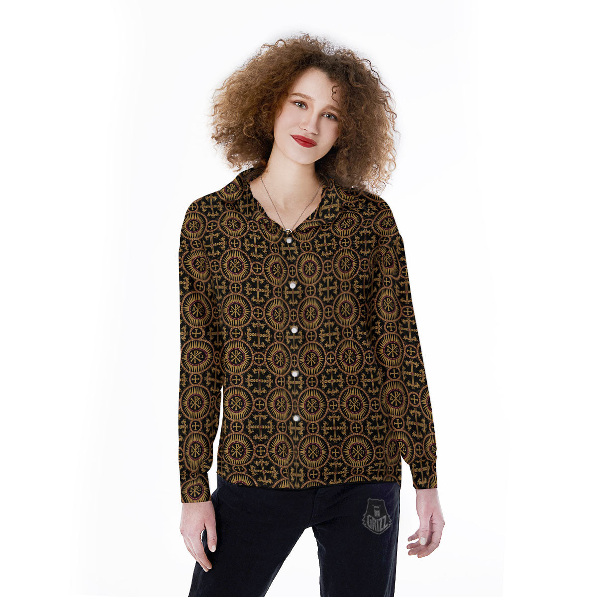 Orthodox Black And Gold Print Pattern Women's Long Sleeve Shirts-grizzshop