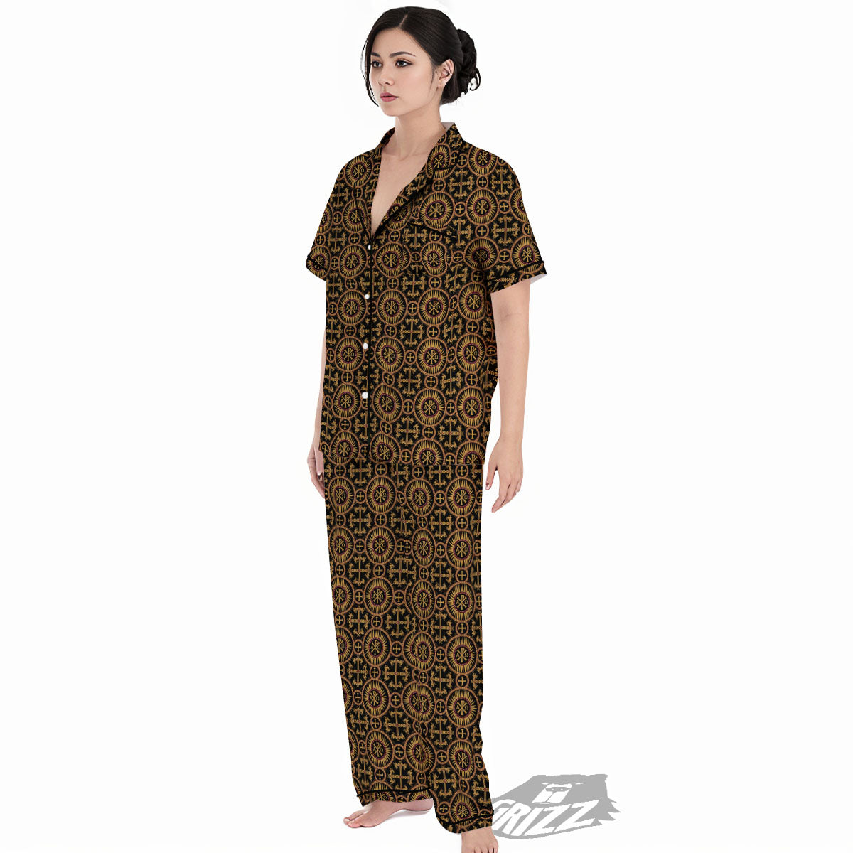 Orthodox Black And Gold Print Pattern Women's Pajamas Set-grizzshop