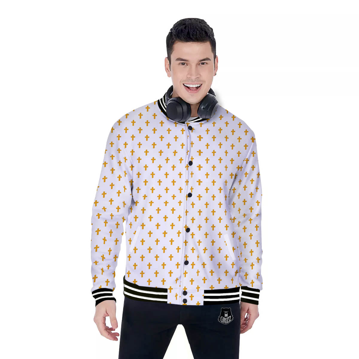 Orthodox Cross Print Pattern Baseball Jacket-grizzshop