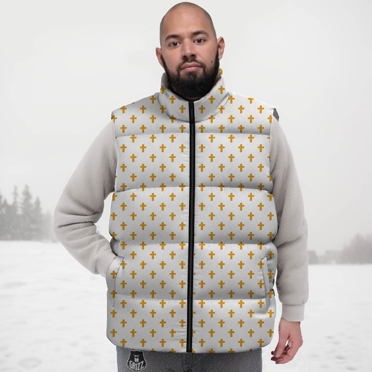 Orthodox Cross Print Pattern Down Vest