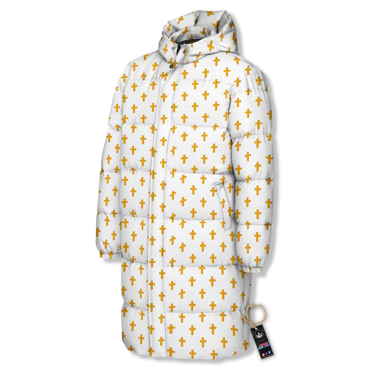 Orthodox Cross Print Pattern Long Down Jacket-grizzshop