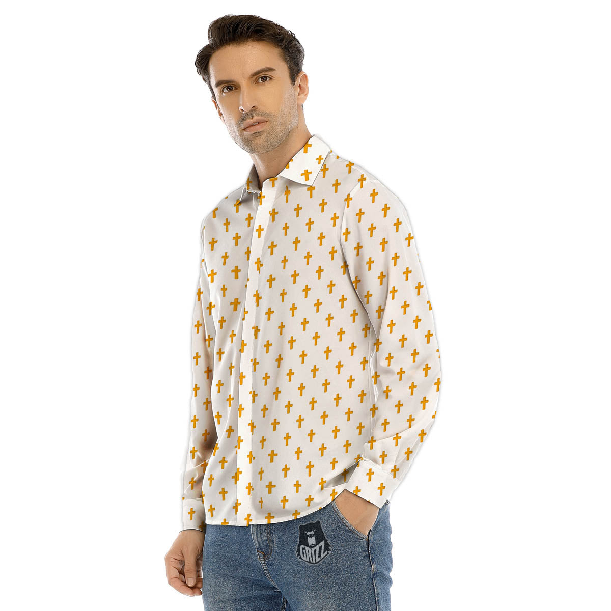 Orthodox Cross Print Pattern Men's Dress Shirts-grizzshop