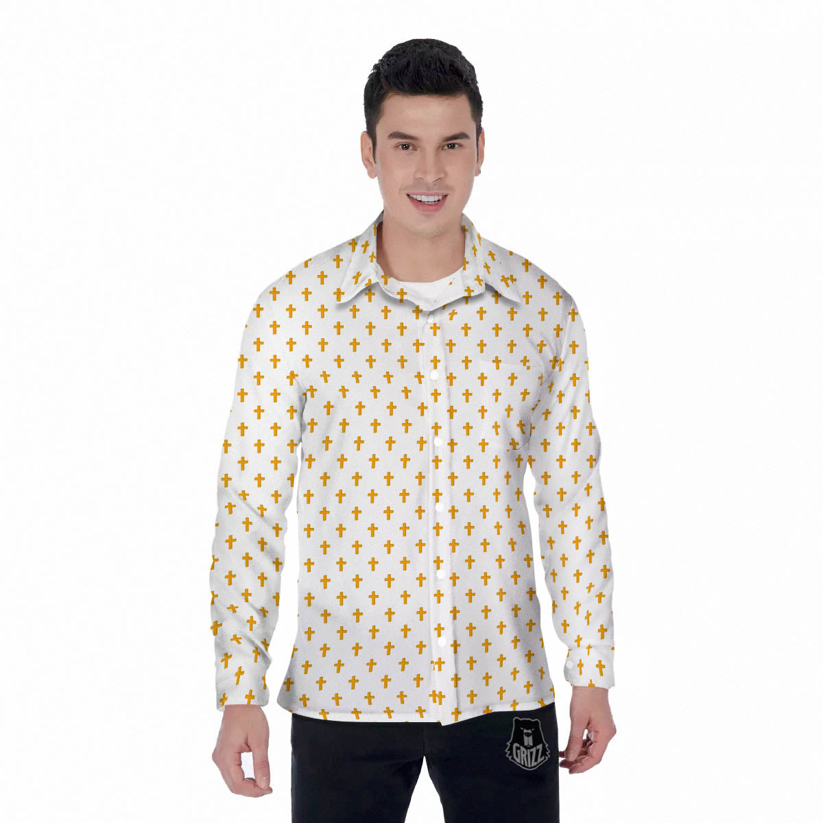 Orthodox Cross Print Pattern Men's Long Sleeve Shirts-grizzshop