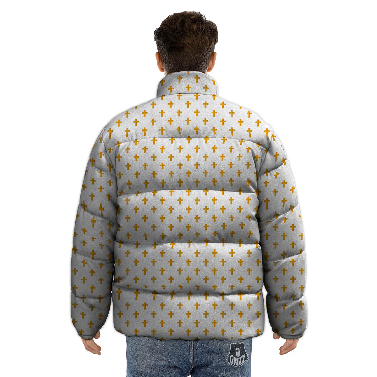 Orthodox Cross Print Pattern Puffer Jacket-grizzshop