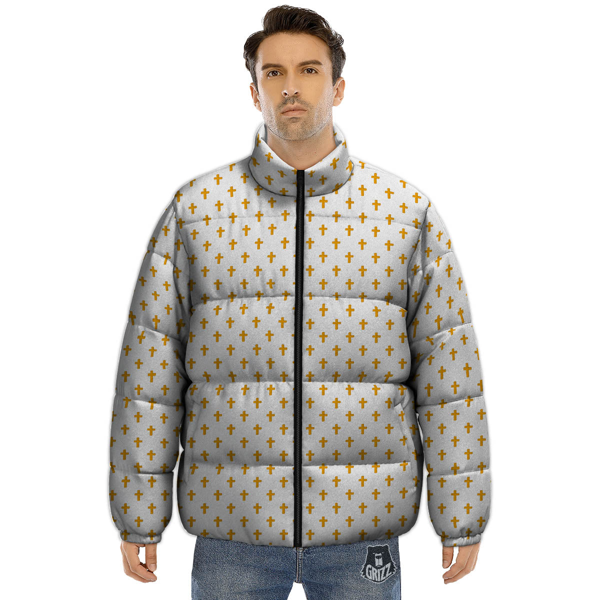 Orthodox Cross Print Pattern Puffer Jacket-grizzshop