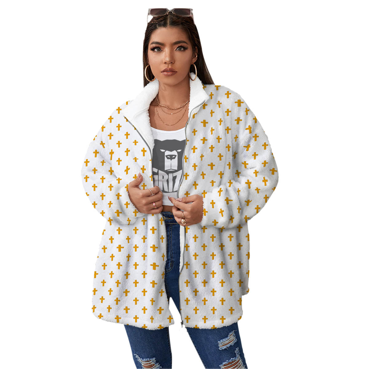 Orthodox Cross Print Pattern Women's Sherpa Jacket-grizzshop
