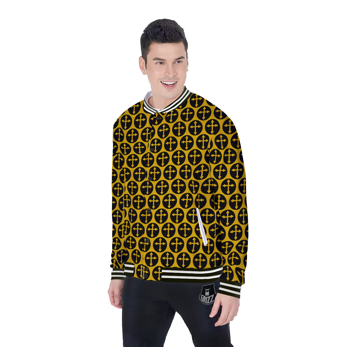 Orthodox Gold And Black Print Pattern Baseball Jacket-grizzshop