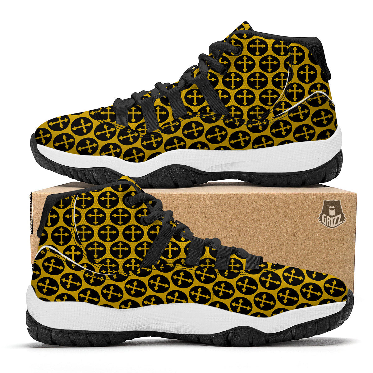 Orthodox Gold And Black Print Pattern Black Bball Shoes-grizzshop