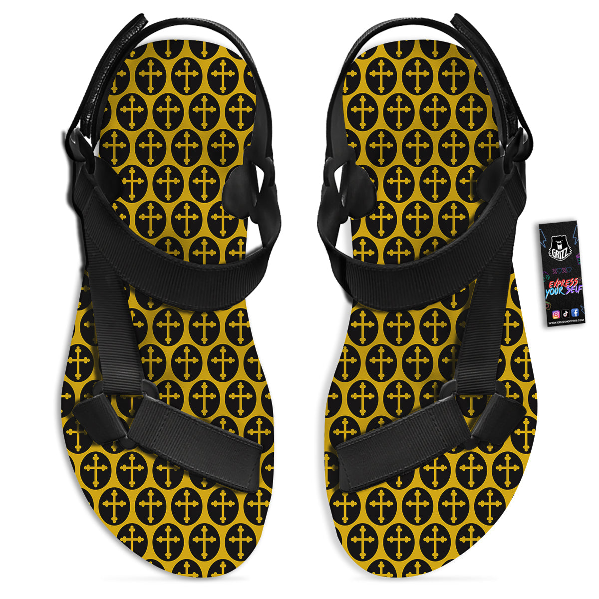 Orthodox Gold And Black Print Pattern Black Open Toe Sandals-grizzshop