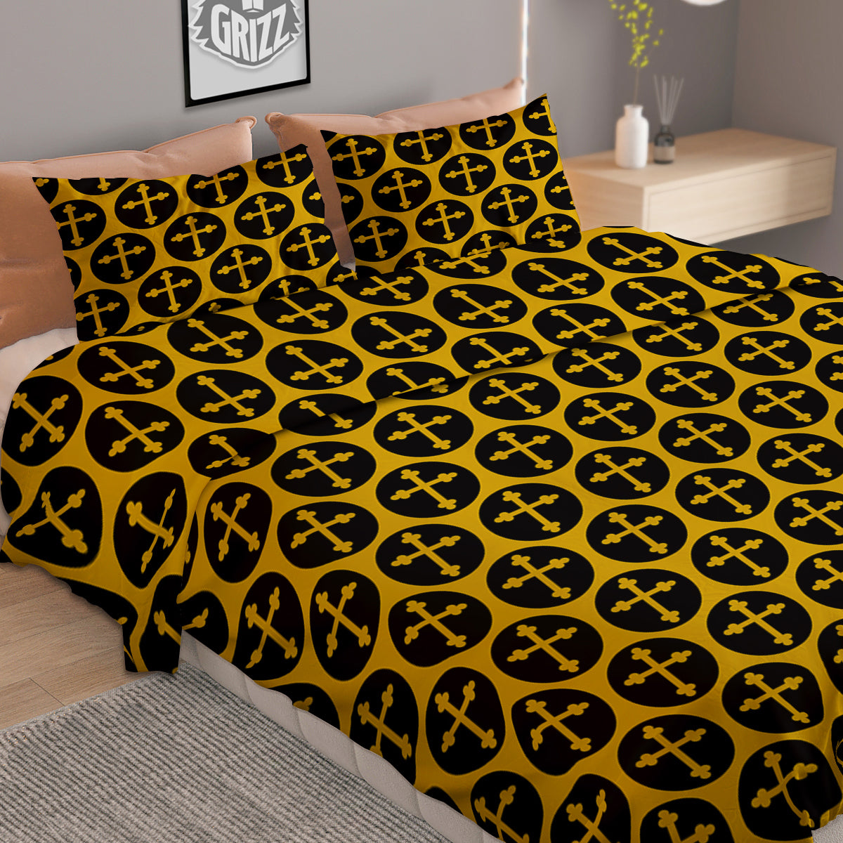 Orthodox Gold And Black Print Pattern Duvet Cover Bedding Set