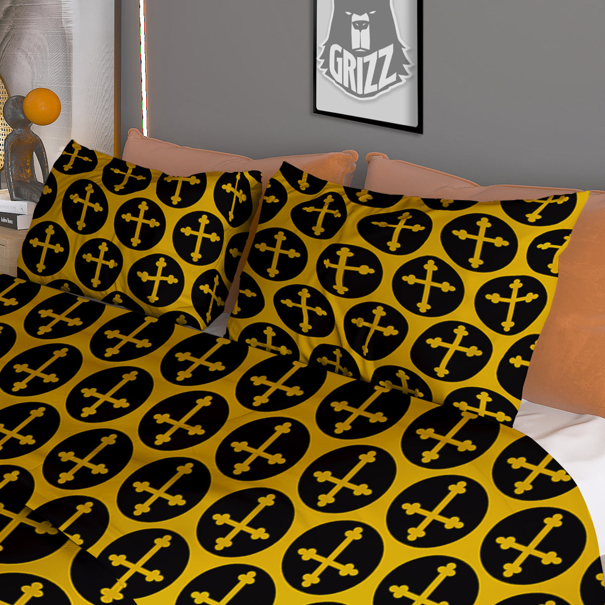 Orthodox Gold And Black Print Pattern Duvet Cover Bedding Set