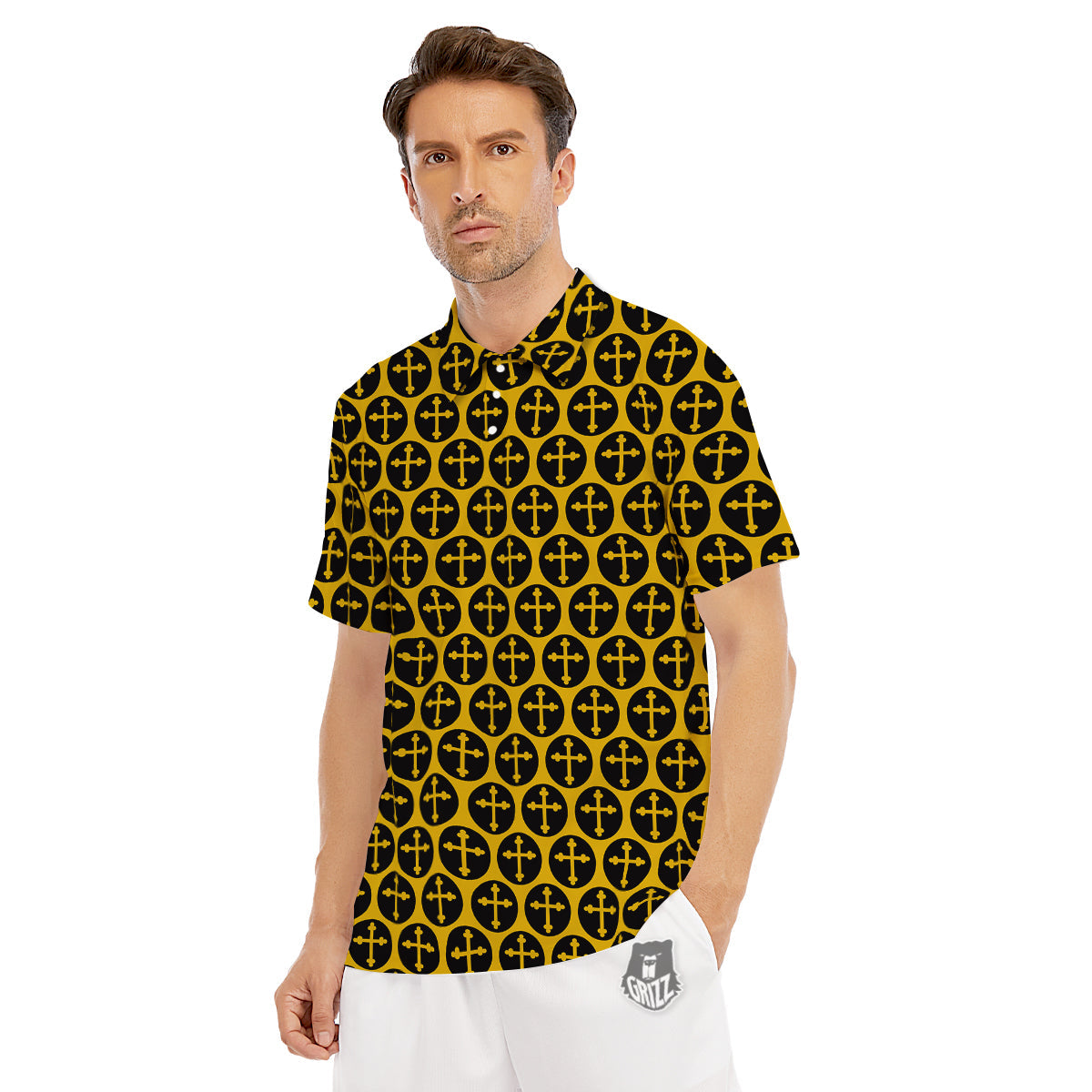 Orthodox Gold And Black Print Pattern Men's Golf Shirts-grizzshop