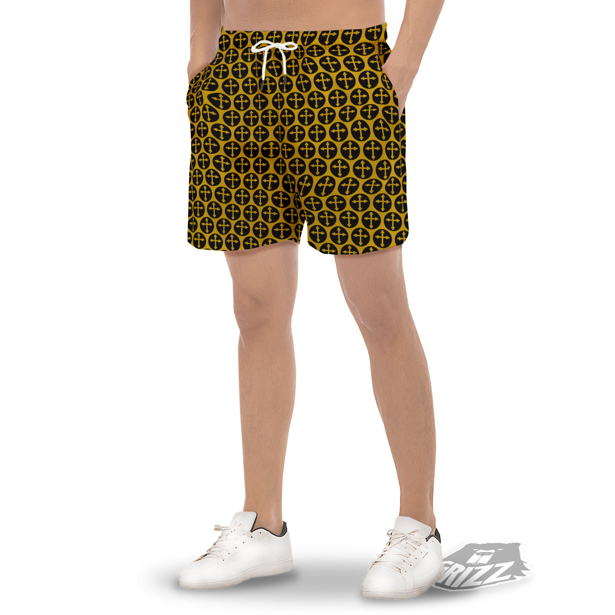 Orthodox Gold And Black Print Pattern Men's Gym Shorts-grizzshop