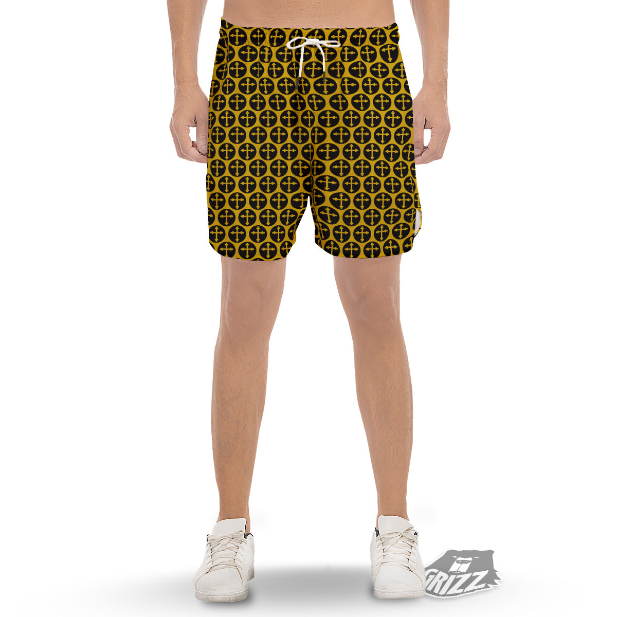 Orthodox Gold And Black Print Pattern Men's Gym Shorts-grizzshop