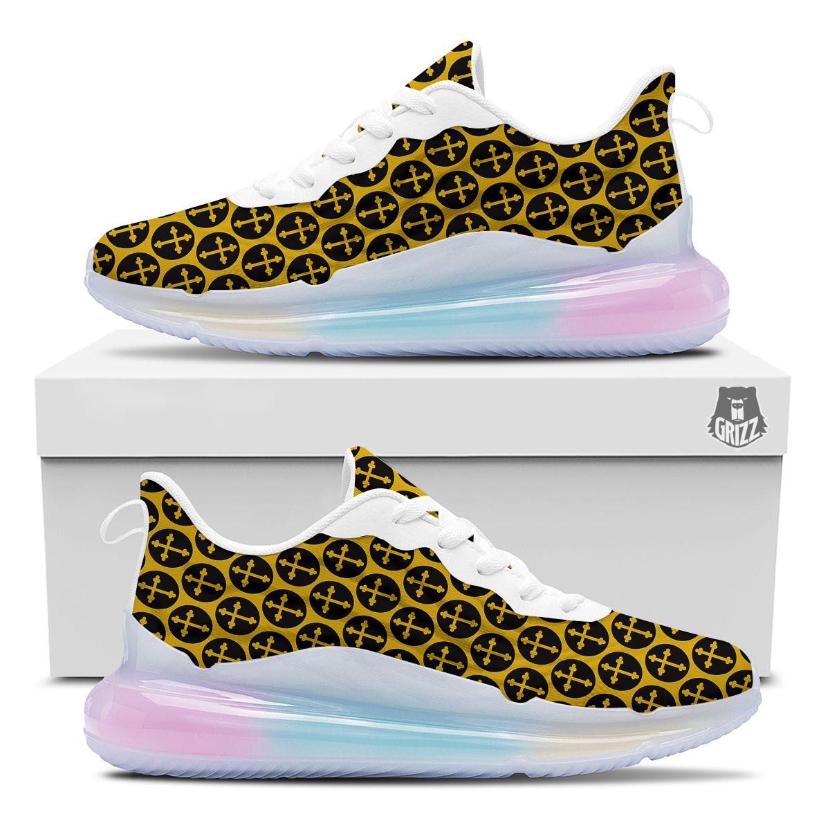 Orthodox Gold And Black Print Pattern Running Sneakers-grizzshop