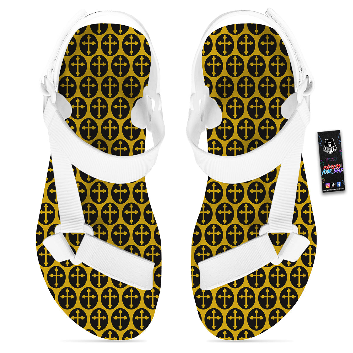 Orthodox Gold And Black Print Pattern White Open Toe Sandals-grizzshop
