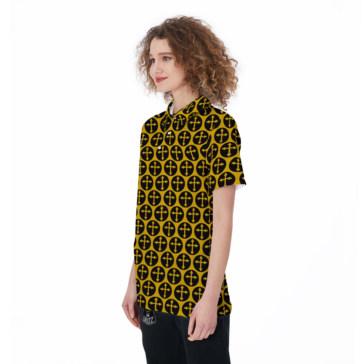 Orthodox Gold And Black Print Pattern Women's Golf Shirts-grizzshop