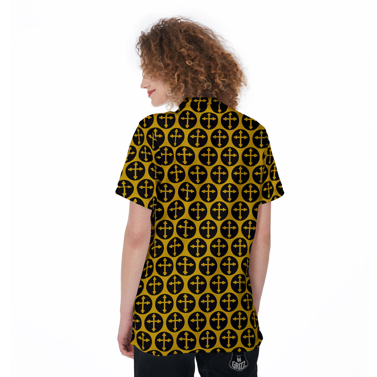 Orthodox Gold And Black Print Pattern Women's Golf Shirts-grizzshop