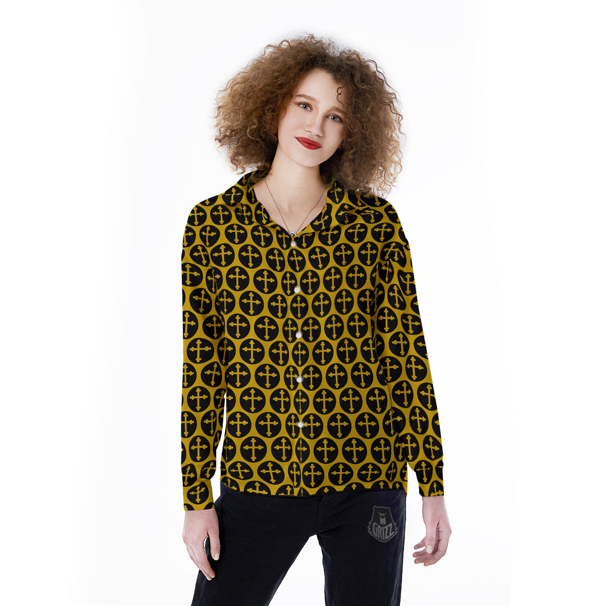 Orthodox Gold And Black Print Pattern Women's Long Sleeve Shirts-grizzshop