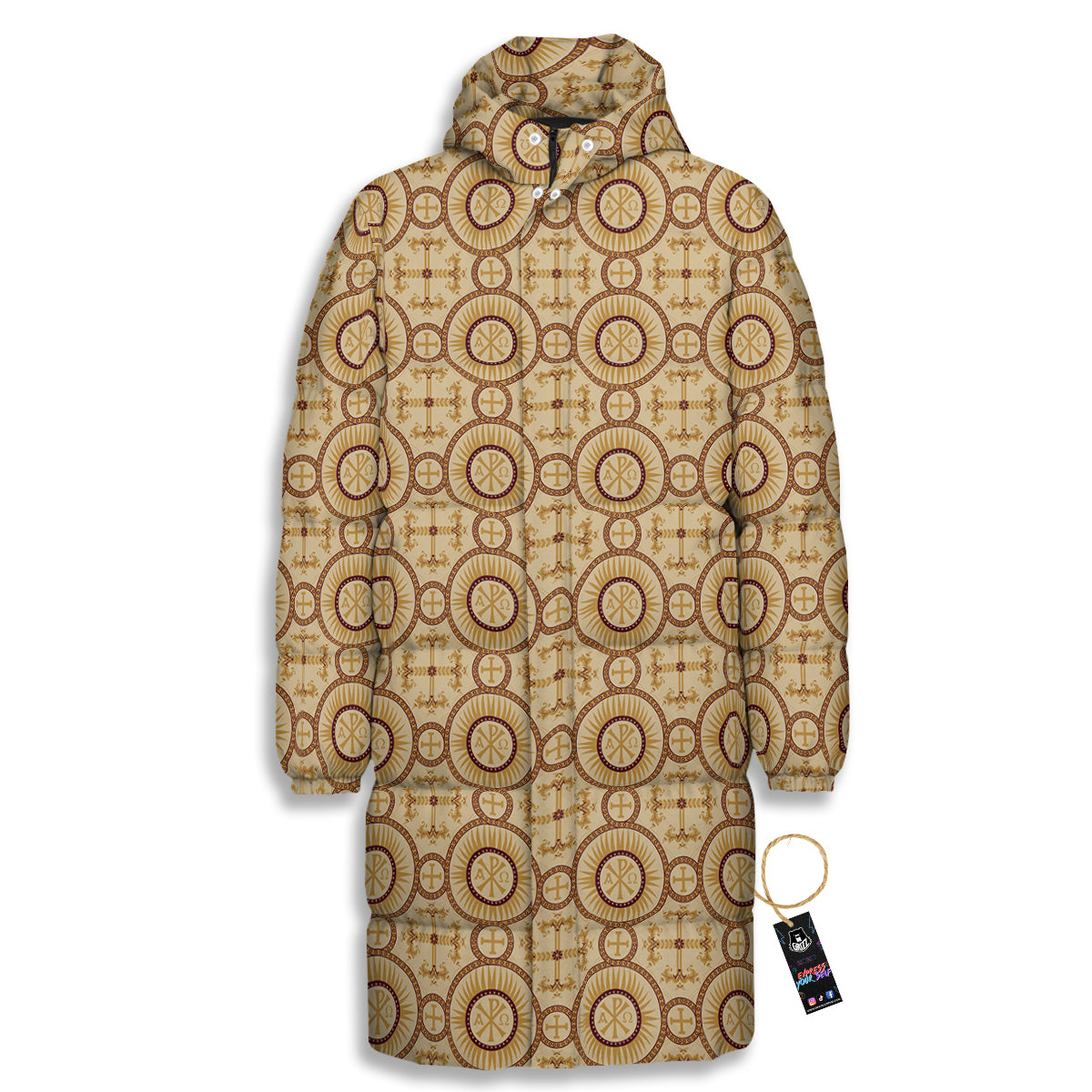 Orthodox Black And Beige Print Pattern Long Down Jacket