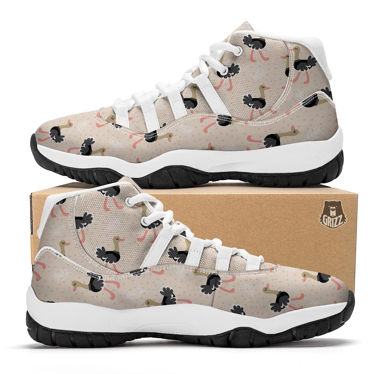 Ostrich Cute Pattern Print White Bball Shoes-grizzshop
