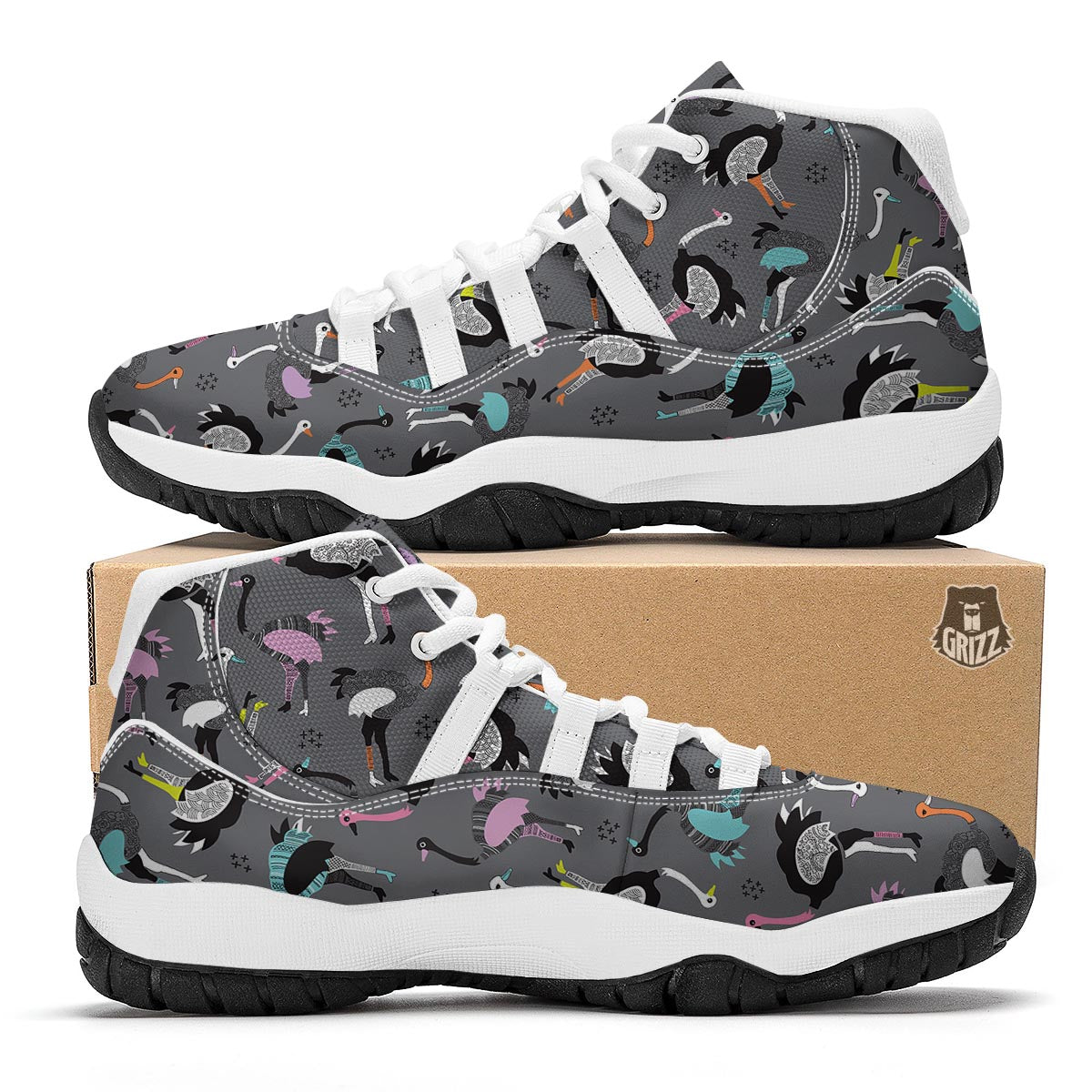 Ostrich Pattern Print White Bball Shoes-grizzshop
