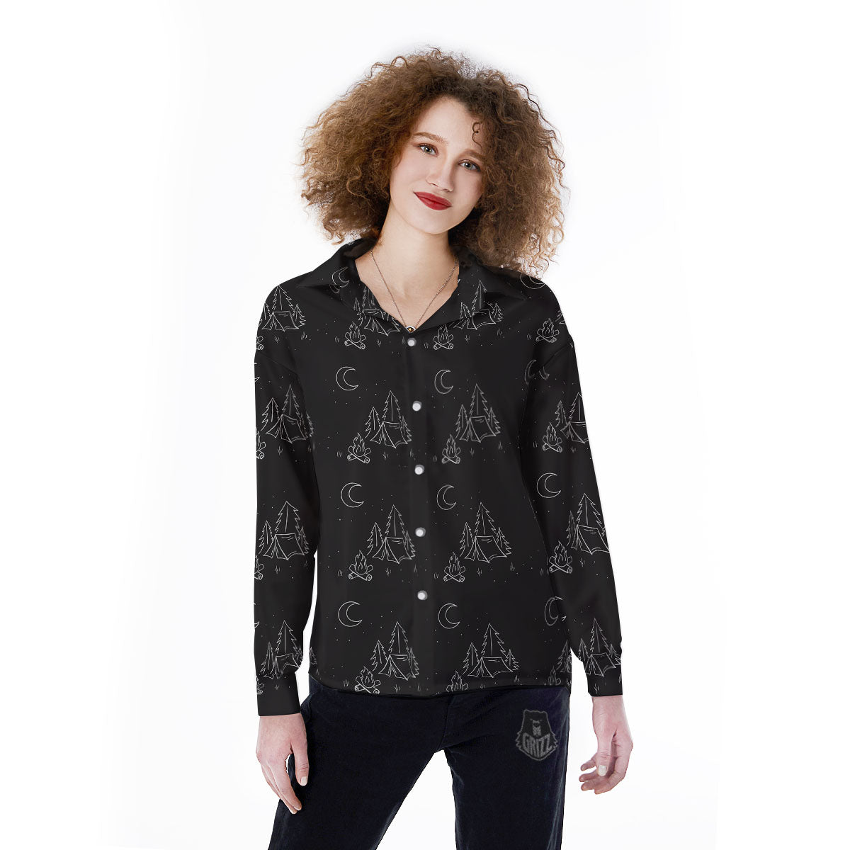 Outdoor Camping Print Pattern Women's Long Sleeve Shirts-grizzshop