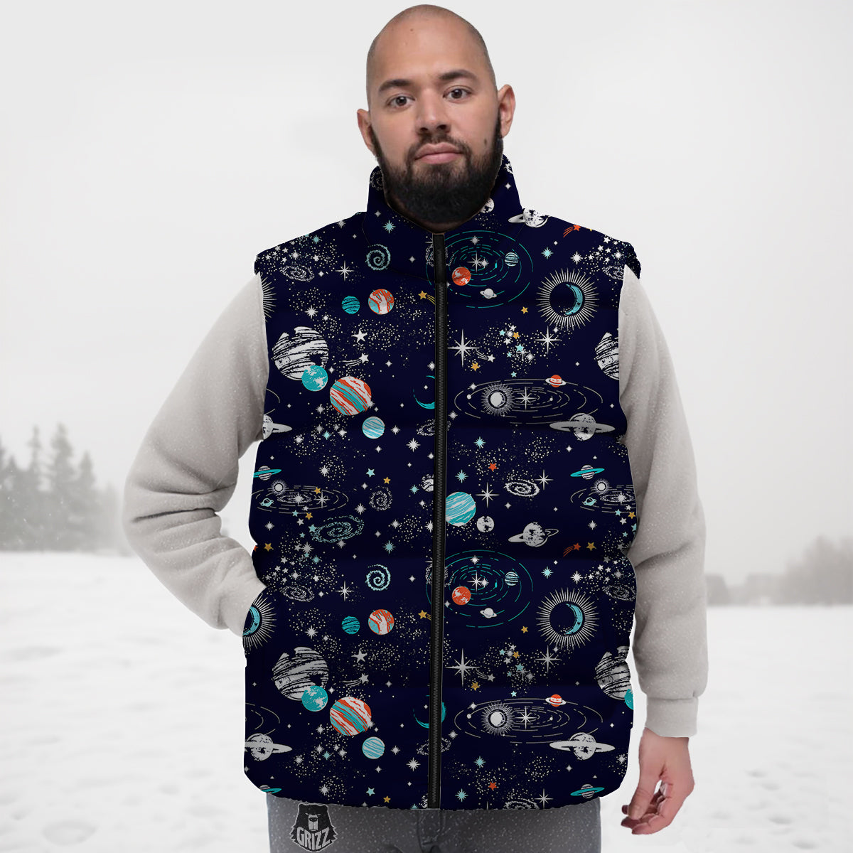 Outer Galaxy Space Universe Print Pattern Down Vest
