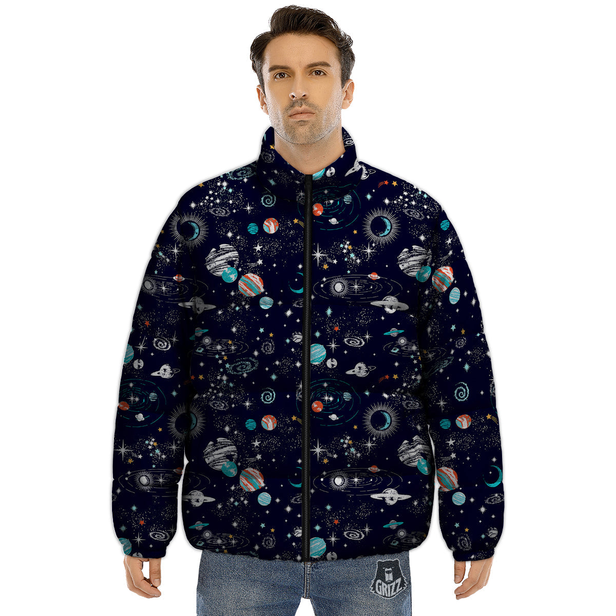 Outer Galaxy Space Universe Print Pattern Puffer Jacket-grizzshop