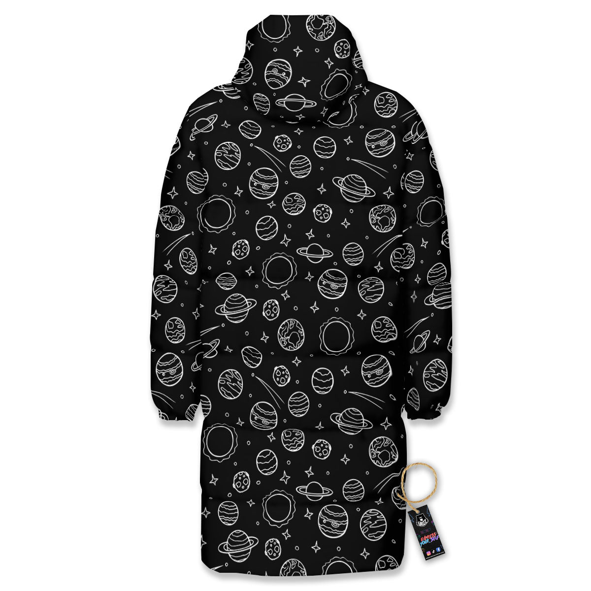 Outer Space Black White Galaxy Print Long Down Jacket