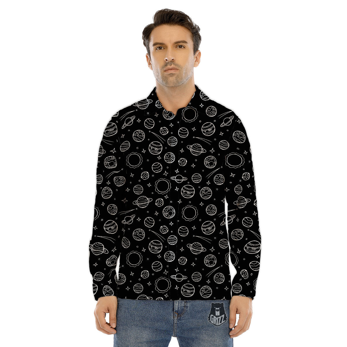 Outer Space Black White Galaxy Print Men's Dress Shirts-grizzshop