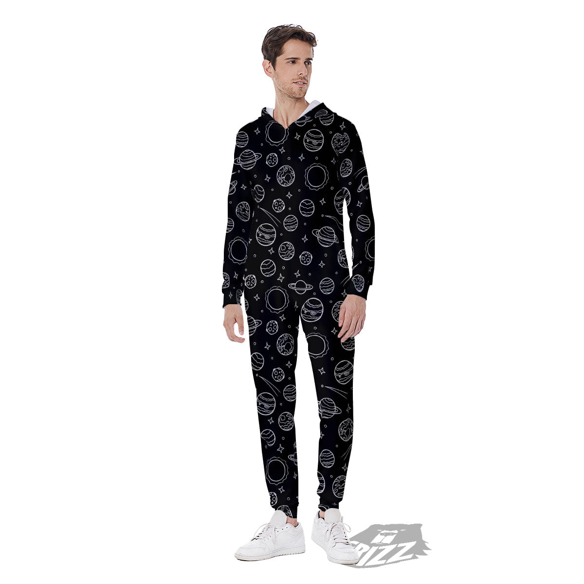 Outer Space Black White Galaxy Print Men's Jumpsuit-grizzshop