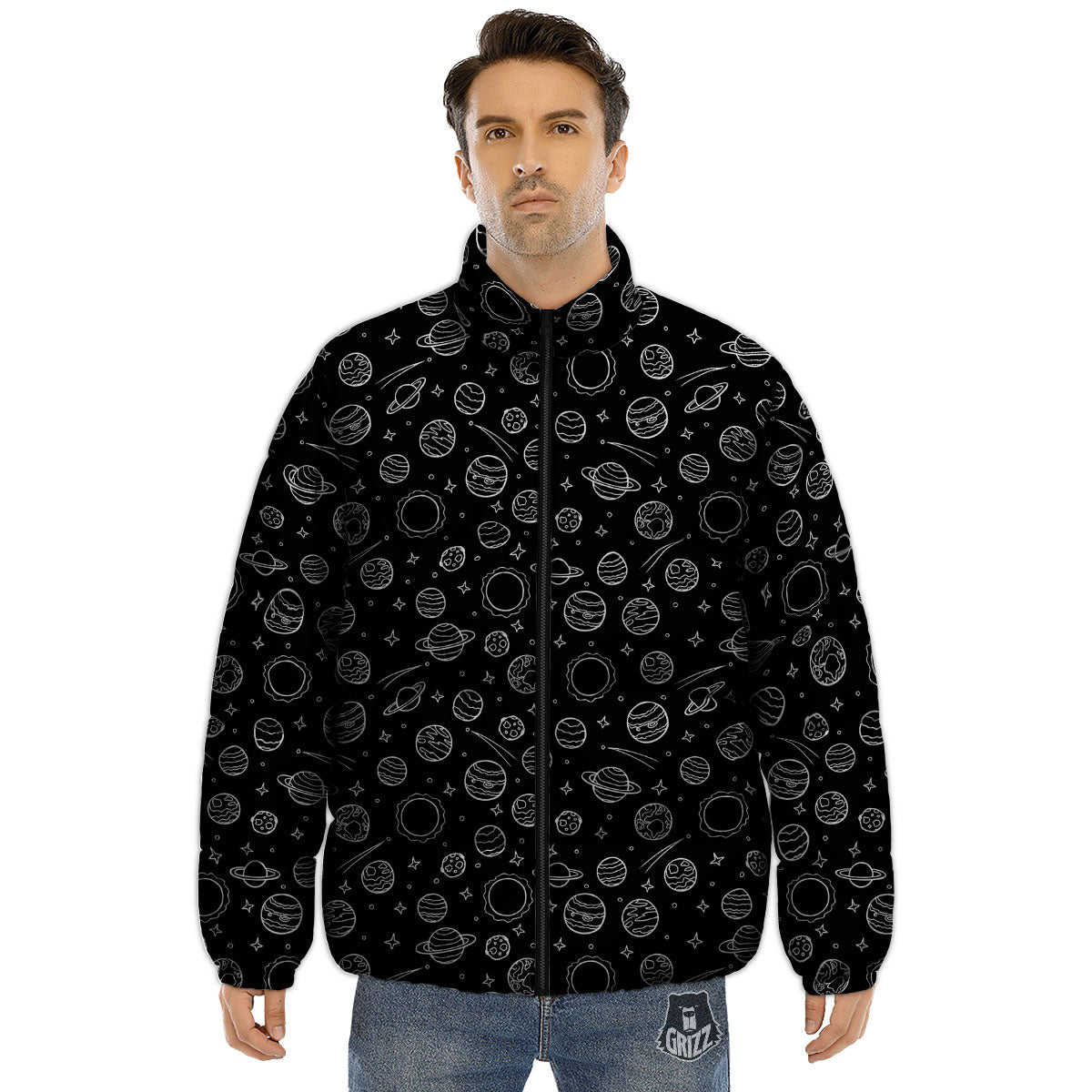 Outer Space Black White Galaxy Print Puffer Jacket-grizzshop
