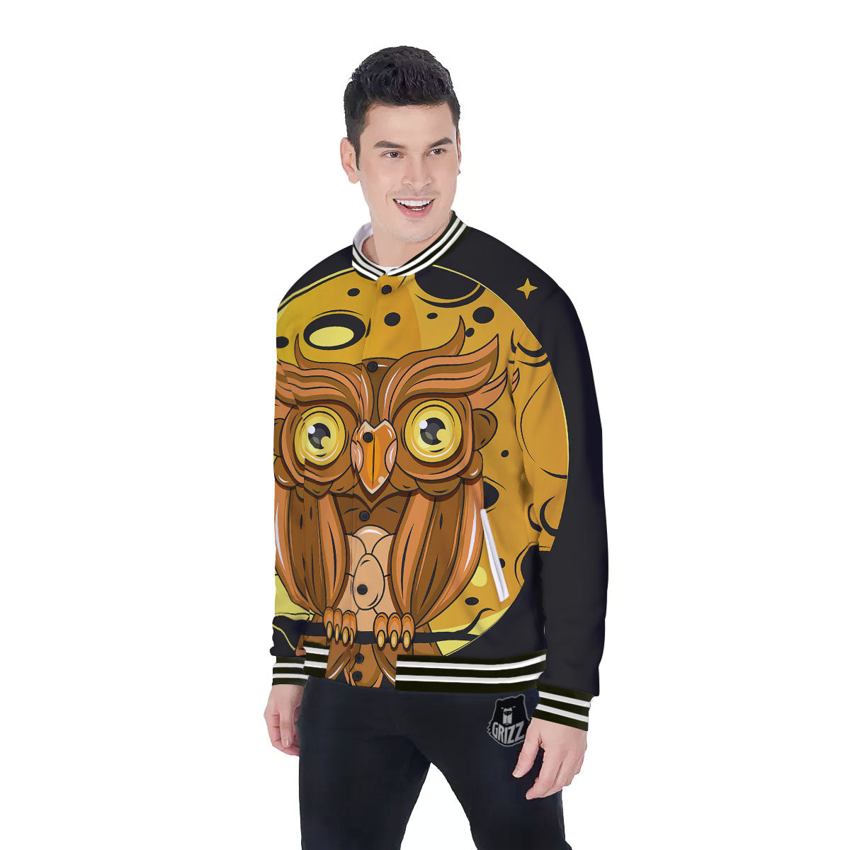 Owl At Night Print Baseball Jacket-grizzshop