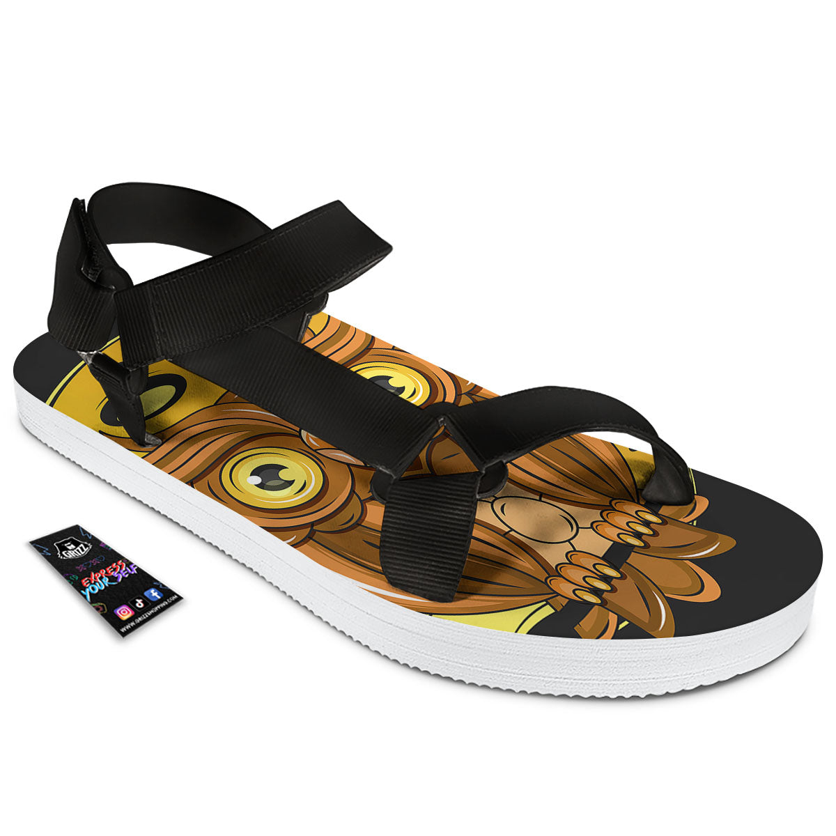 Owl At Night Print Black Open Toe Sandals-grizzshop