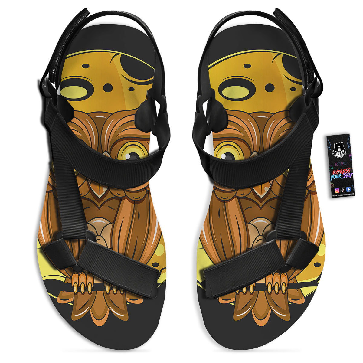 Owl At Night Print Black Open Toe Sandals-grizzshop
