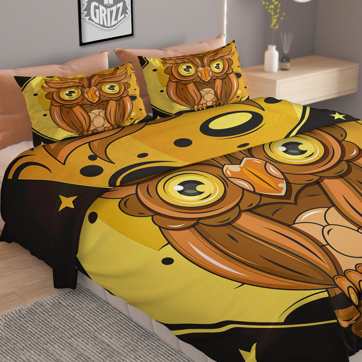Owl At Night Print Duvet Cover Bedding Set