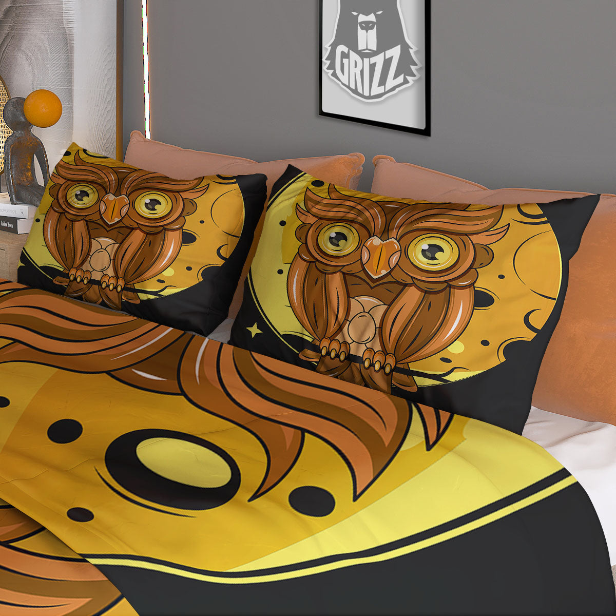 Owl At Night Print Duvet Cover Bedding Set