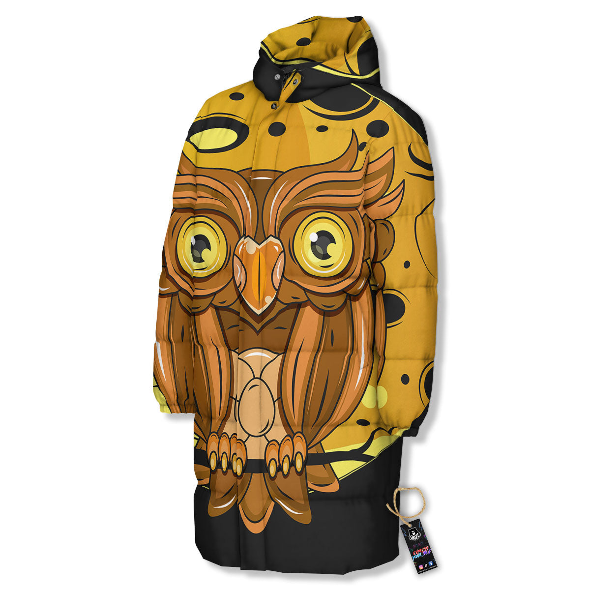 Owl At Night Print Long Down Jacket-grizzshop