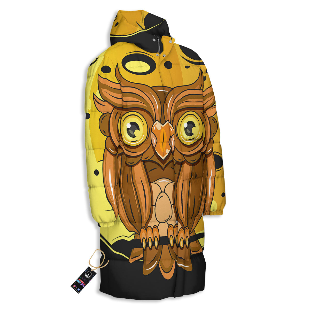 Owl At Night Print Long Down Jacket-grizzshop