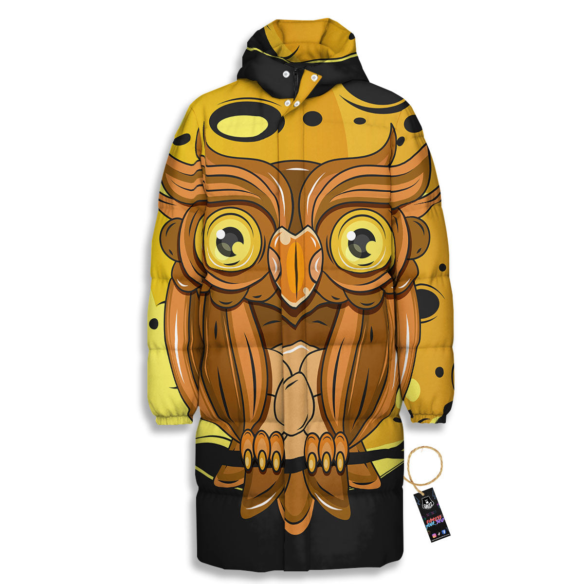 Owl At Night Print Long Down Jacket-grizzshop