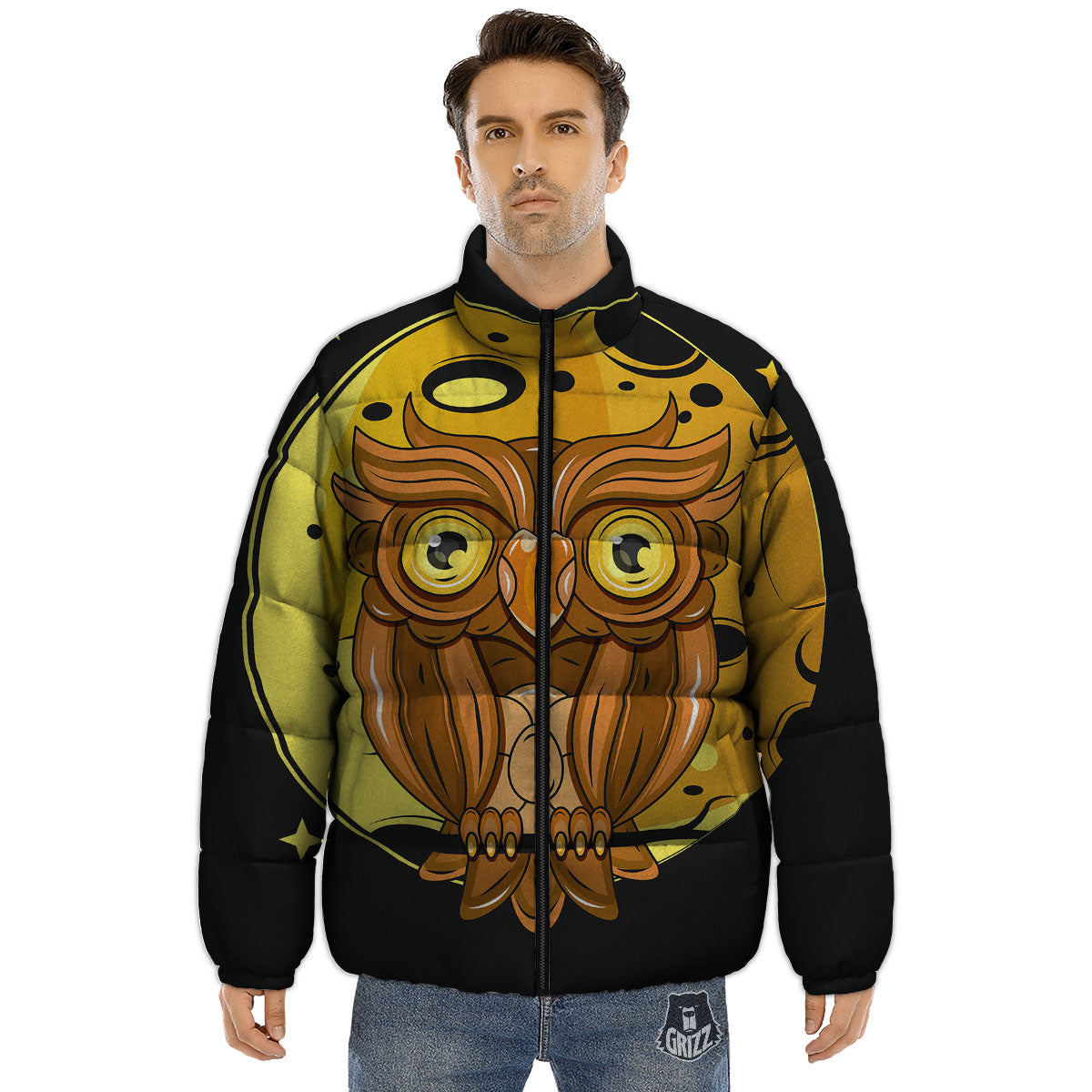 Owl At Night Print Puffer Jacket-grizzshop