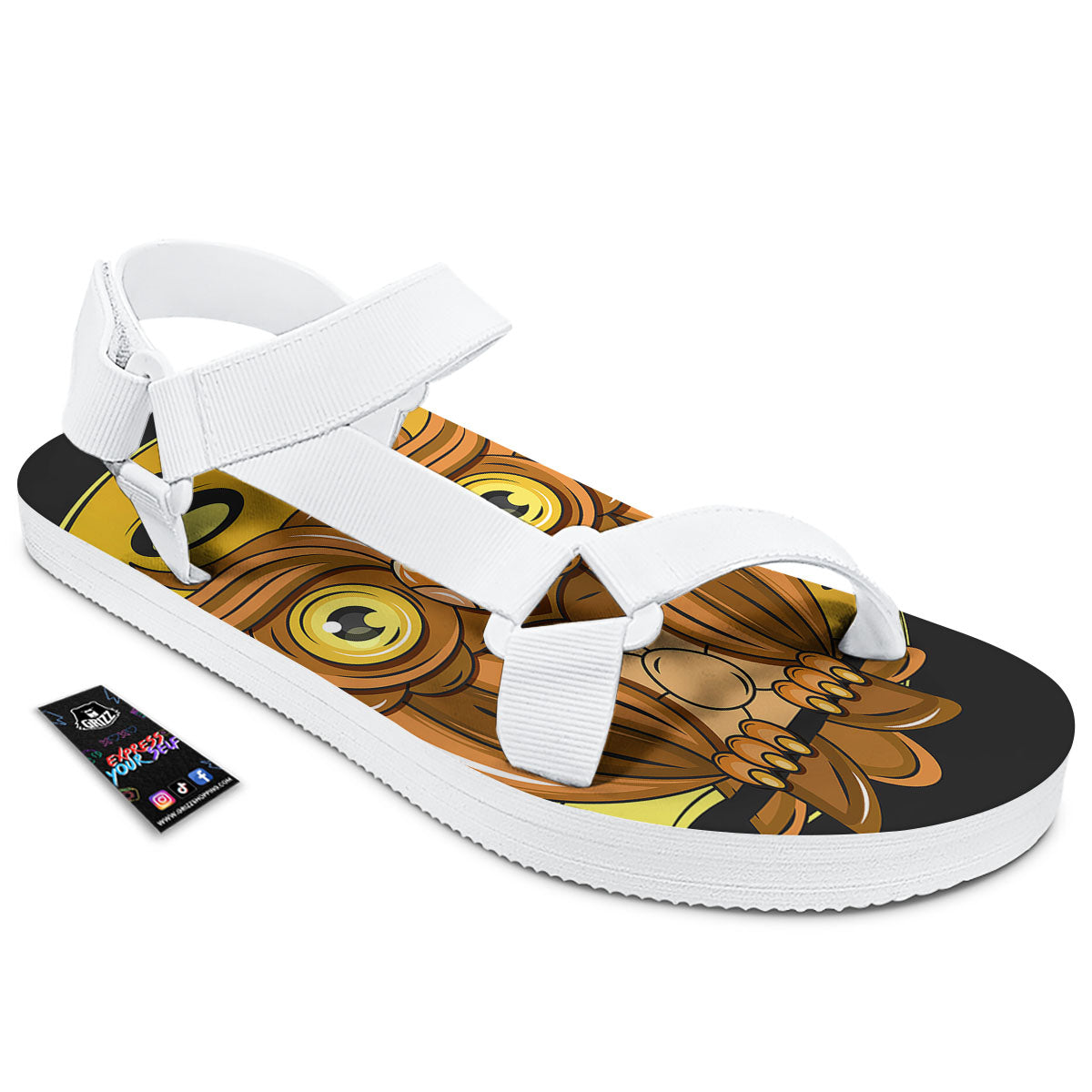 Owl At Night Print White Open Toe Sandals-grizzshop